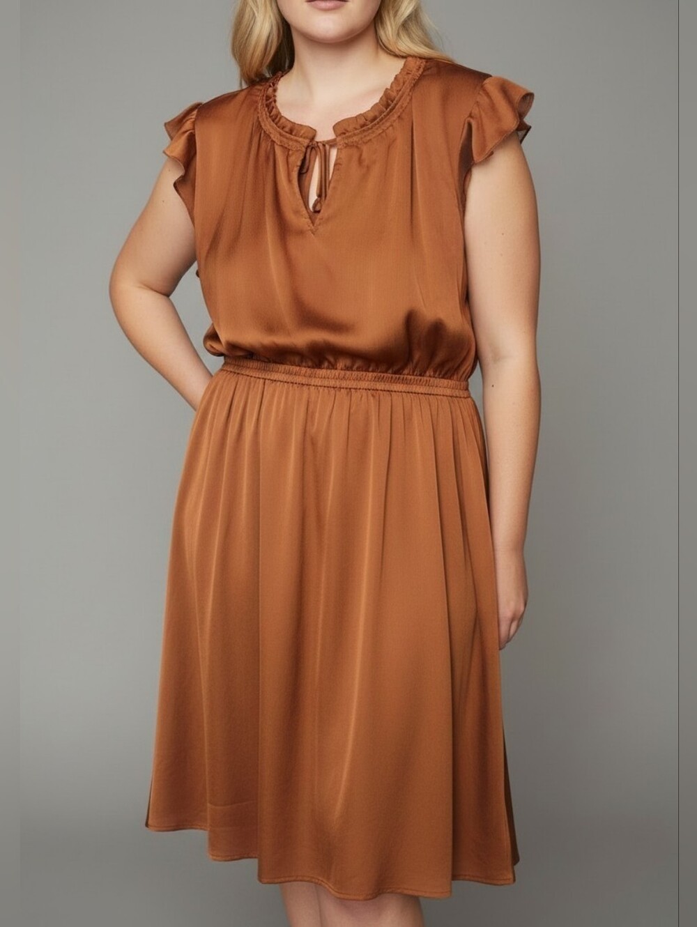 Copper Rust Satin Flutter Sleeve Dress